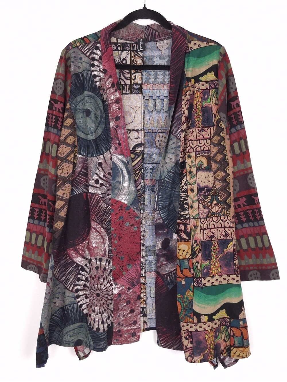 Sacred Threads patchwork open front cardigan boho artsy Lagenlook woven cotton